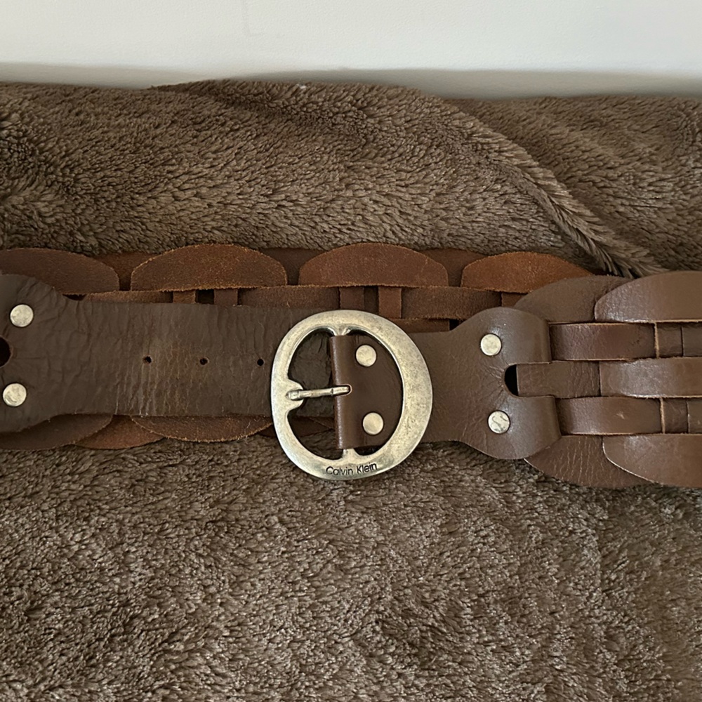 Wide Brown Leather Woven Belt